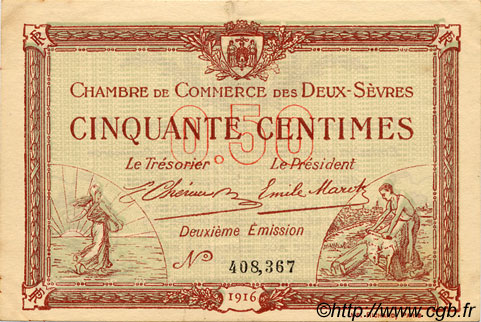 50 Centimes FRANCE regionalismo y varios Niort 1916 JP.093.06 MBC a EBC
