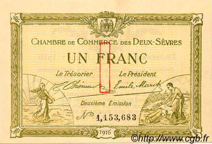 1 Franc FRANCE Regionalismus und verschiedenen Niort 1916 JP.093.08 fST to ST