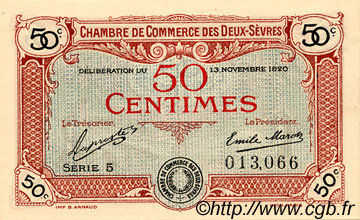 50 Centimes FRANCE regionalismo y varios Niort 1920 JP.093.10 SC a FDC