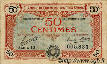 50 Centimes FRANCE régionalisme et divers Niort 1920 JP.093.10 TB