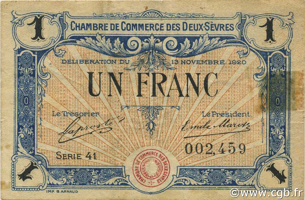 1 Franc FRANCE regionalism and miscellaneous Niort 1920 JP.093.11 F