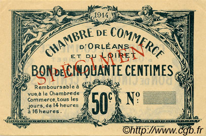 50 Centimes Spécimen FRANCE Regionalismus und verschiedenen Orléans 1918 JP.095.01 SS to VZ
