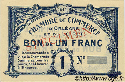 1 Franc Spécimen FRANCE regionalismo y varios Orléans 1918 JP.095.02 SC a FDC