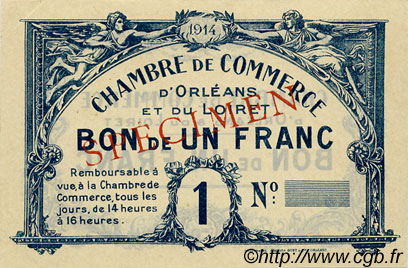 1 Franc Spécimen FRANCE regionalismo e varie Orléans 1918 JP.095.02 BB to SPL