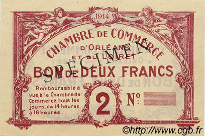 2 Francs Spécimen FRANCE regionalismo e varie Orléans 1918 JP.095.03 BB to SPL