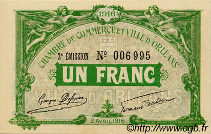 1 Franc FRANCE regionalismo y varios Orléans 1916 JP.095.12 SC a FDC