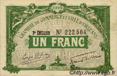 1 Franc FRANCE regionalism and miscellaneous Orléans 1916 JP.095.12 VF - XF