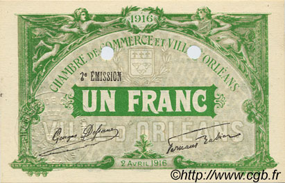 1 Franc Spécimen FRANCE regionalism and miscellaneous Orléans 1916 JP.095.14 AU+