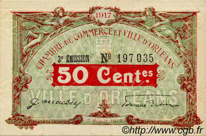 50 Centimes FRANCE Regionalismus und verschiedenen Orléans 1917 JP.095.16 SS to VZ
