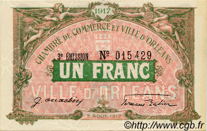 1 Franc FRANCE regionalismo y varios Orléans 1917 JP.095.17 SC a FDC