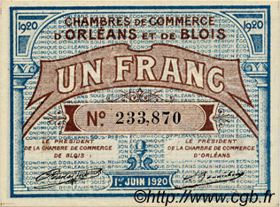 1 Franc FRANCE regionalismo e varie Orléans et Blois 1920 JP.096.03 AU a FDC