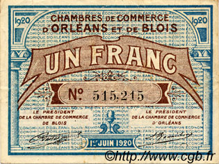 1 Franc FRANCE regionalismo y varios Orléans et Blois 1920 JP.096.03 MBC a EBC