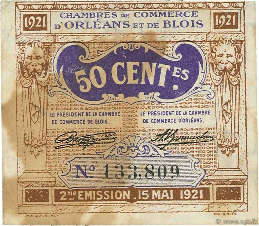 50 Centimes FRANCE regionalismo e varie Orléans et Blois 1921 JP.096.05 MB