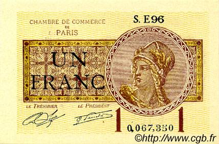 1 Franc FRANCE regionalism and miscellaneous Paris 1920 JP.097.23 AU+