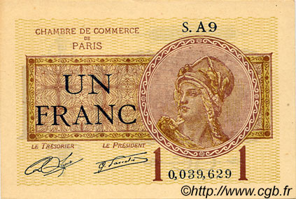 1 Franc FRANCE regionalism and various Paris 1920 JP.097.23 VF - XF