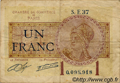 1 Franc FRANCE regionalism and miscellaneous Paris 1920 JP.097.23 F