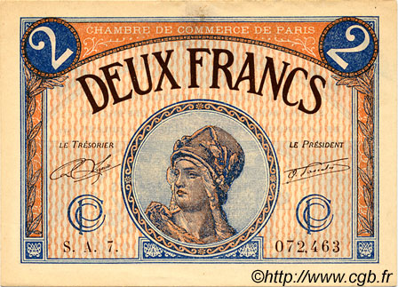 2 Francs FRANCE regionalismo e varie Paris 1920 JP.097.28 BB to SPL