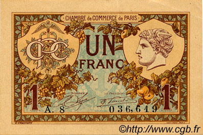 1 Franc FRANCE regionalismo e varie Paris 1920 JP.097.36 BB to SPL
