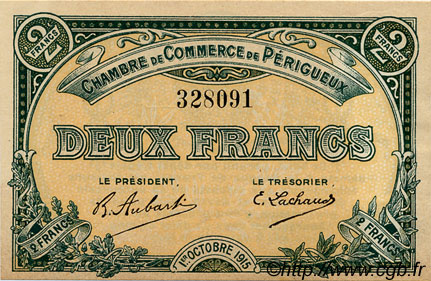 2 Francs FRANCE regionalismo e varie Périgueux 1915 JP.098.14 BB to SPL
