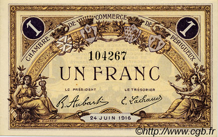 1 Franc FRANCE Regionalismus und verschiedenen Périgueux 1916 JP.098.18 fST to ST