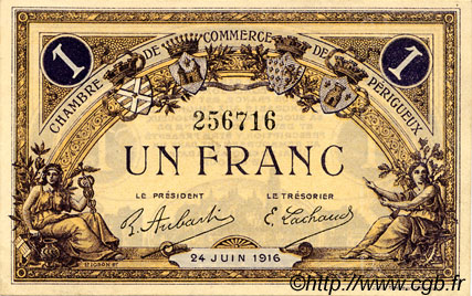 1 Franc FRANCE regionalism and various Périgueux 1916 JP.098.18 VF - XF