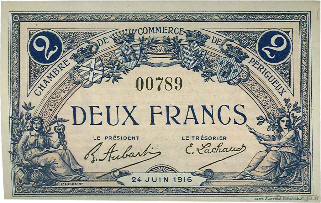 2 Francs FRANCE regionalismo e varie Périgueux 1916 JP.098.20 AU a FDC