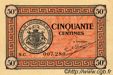 50 Centimes FRANCE regionalismo e varie Péronne 1920 JP.099.01 AU a FDC