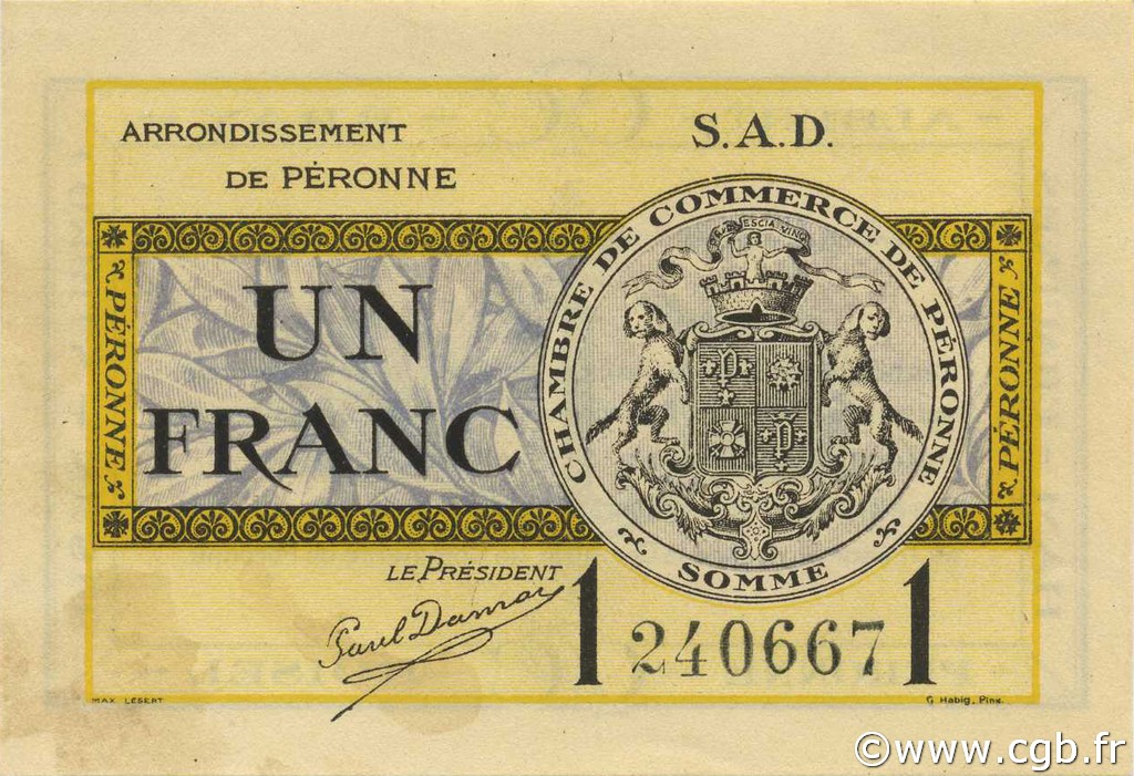 1 Franc FRANCE Regionalismus und verschiedenen Péronne 1921 JP.099.04 fST to ST
