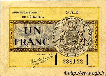 1 Franc FRANCE regionalismo y varios Péronne 1921 JP.099.04 MBC a EBC