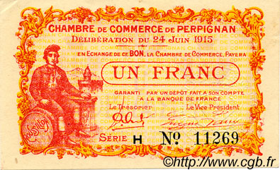 1 Franc FRANCE regionalismo y varios Perpignan 1915 JP.100.07 MBC a EBC