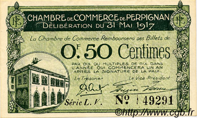 50 Centimes FRANCE regionalismo e varie Perpignan 1917 JP.100.21 BB to SPL
