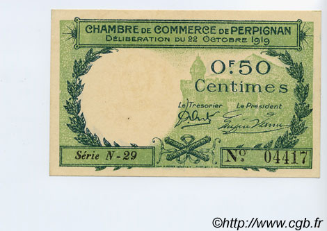 50 Centimes FRANCE regionalismo y varios Perpignan 1919 JP.100.27 SC a FDC