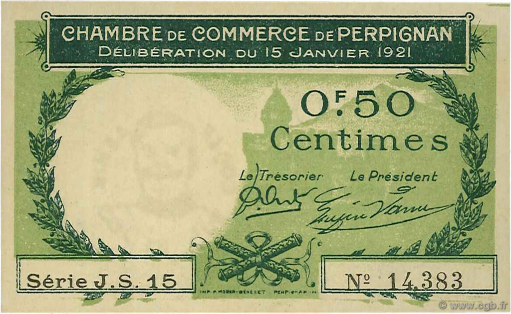 50 Centimes FRANCE regionalism and miscellaneous Perpignan 1921 JP.100.31 AU+