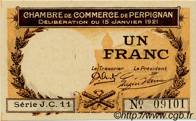 1 Franc FRANCE regionalism and various Perpignan 1921 JP.100.32 AU+