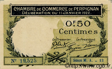 50 Centimes FRANCE regionalismo e varie Perpignan 1922 JP.100.33 AU a FDC