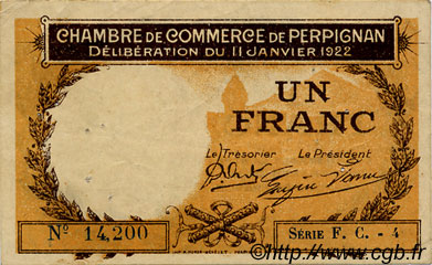 1 Franc FRANCE regionalism and various Perpignan 1922 JP.100.34 VF - XF