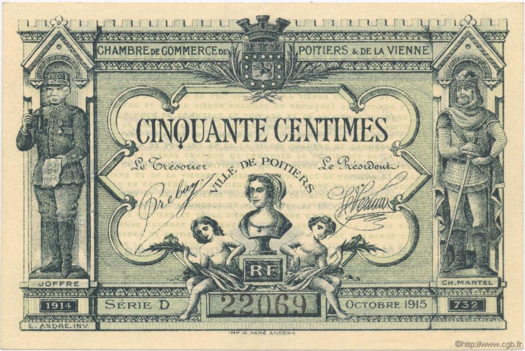 50 Centimes FRANCE regionalismo e varie Poitiers 1915 JP.101.01 AU a FDC
