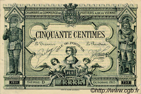 50 Centimes FRANCE Regionalismus und verschiedenen Poitiers 1915 JP.101.01 SS to VZ