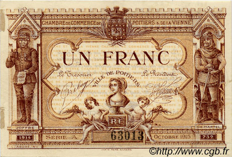 1 Franc FRANCE Regionalismus und verschiedenen Poitiers 1915 JP.101.06 SS to VZ
