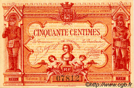 50 Centimes FRANCE regionalismo e varie Poitiers 1917 JP.101.08 AU a FDC