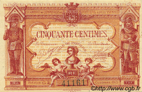 50 Centimes FRANCE regionalismo e varie Poitiers 1917 JP.101.10 AU a FDC