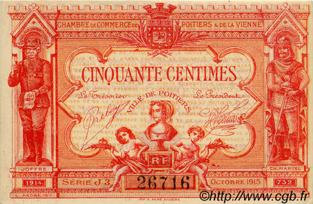 50 Centimes FRANCE Regionalismus und verschiedenen Poitiers 1920 JP.101.11 SS to VZ