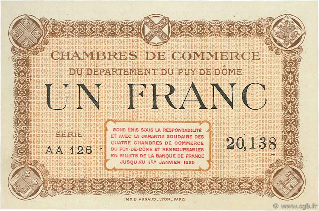 1 Franc FRANCE regionalism and miscellaneous Puy-De-Dôme 1920 JP.103.08 AU+