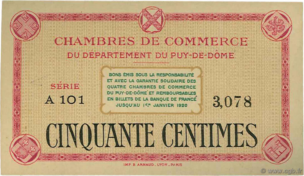 50 Centimes FRANCE Regionalismus und verschiedenen Puy-De-Dôme 1920 JP.103.12 fST to ST