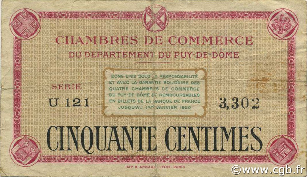 50 Centimes FRANCE regionalism and various Puy-De-Dôme 1920 JP.103.12 F