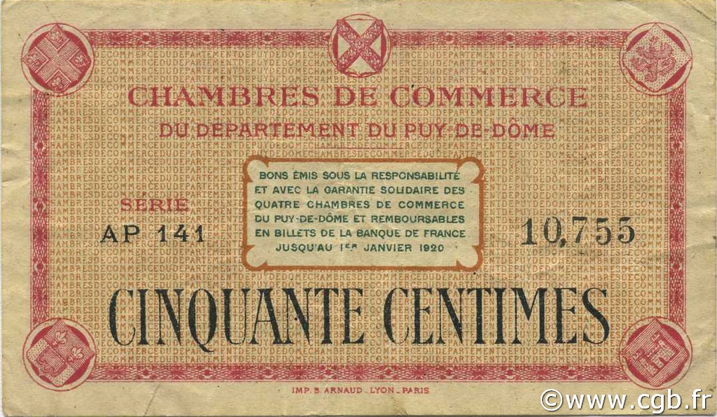 50 Centimes FRANCE régionalisme et divers Puy-De-Dôme 1920 JP.103.15 TB