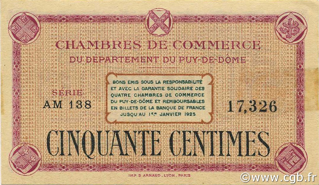 50 Centimes FRANCE regionalismo y varios Puy-De-Dôme 1918 JP.103.23 MBC a EBC