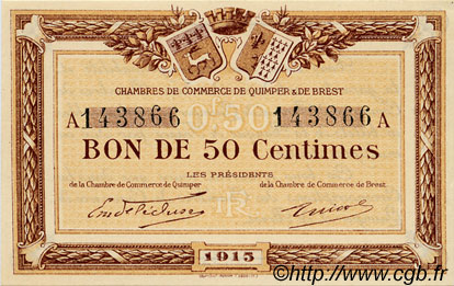 50 Centimes FRANCE Regionalismus und verschiedenen Quimper et Brest 1915 JP.104.01 fST to ST