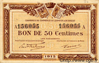 50 Centimes FRANCE Regionalismus und verschiedenen Quimper et Brest 1915 JP.104.01 SS to VZ