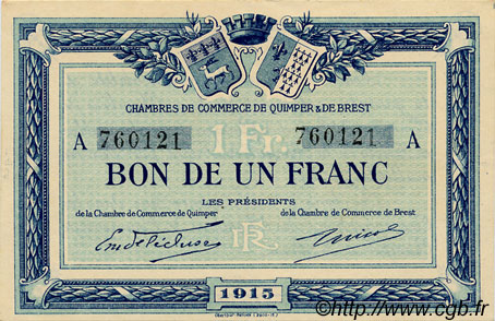 1 Franc FRANCE regionalism and various Quimper et Brest 1915 JP.104.02 AU+